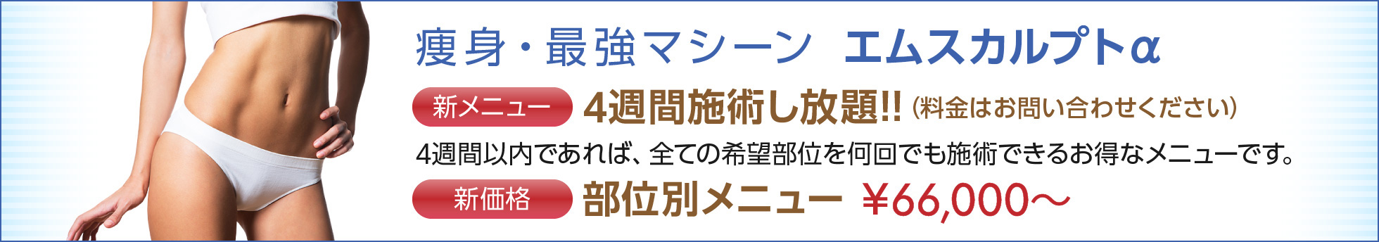 おすすめ治療：エムスカルプトα ［新メニュー］4週間施術し放題!! 4週間以内であれば、全ての希望部位を何回でも施術できるお得なメニューです。／［新価格］部位別メニュー ¥66,000〜